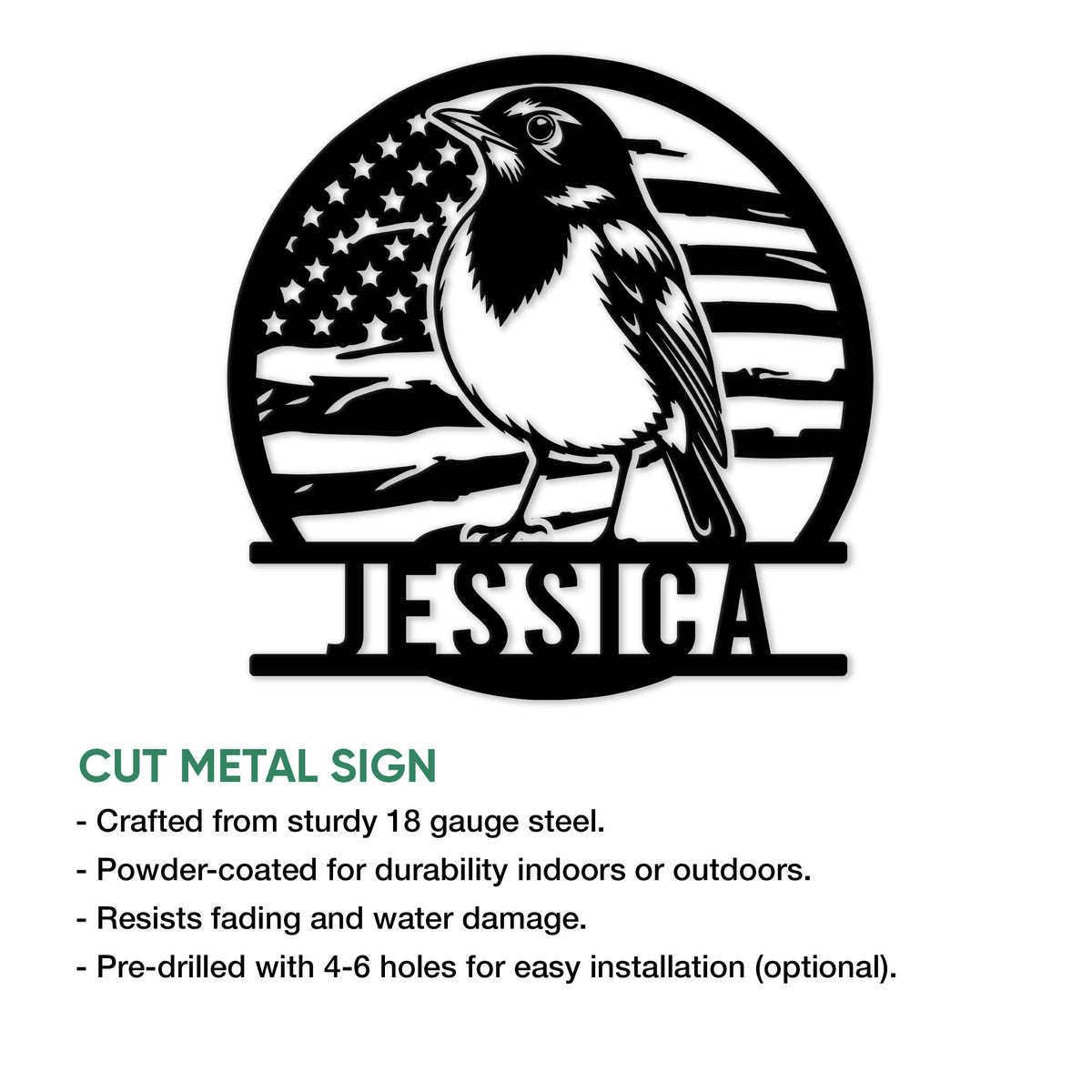 Robin cut metal sign feature graphic showing multiple size options for indoor or outdoor display