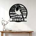 Patriotic robin metal sign displayed on a white paneled wall above a wooden console table