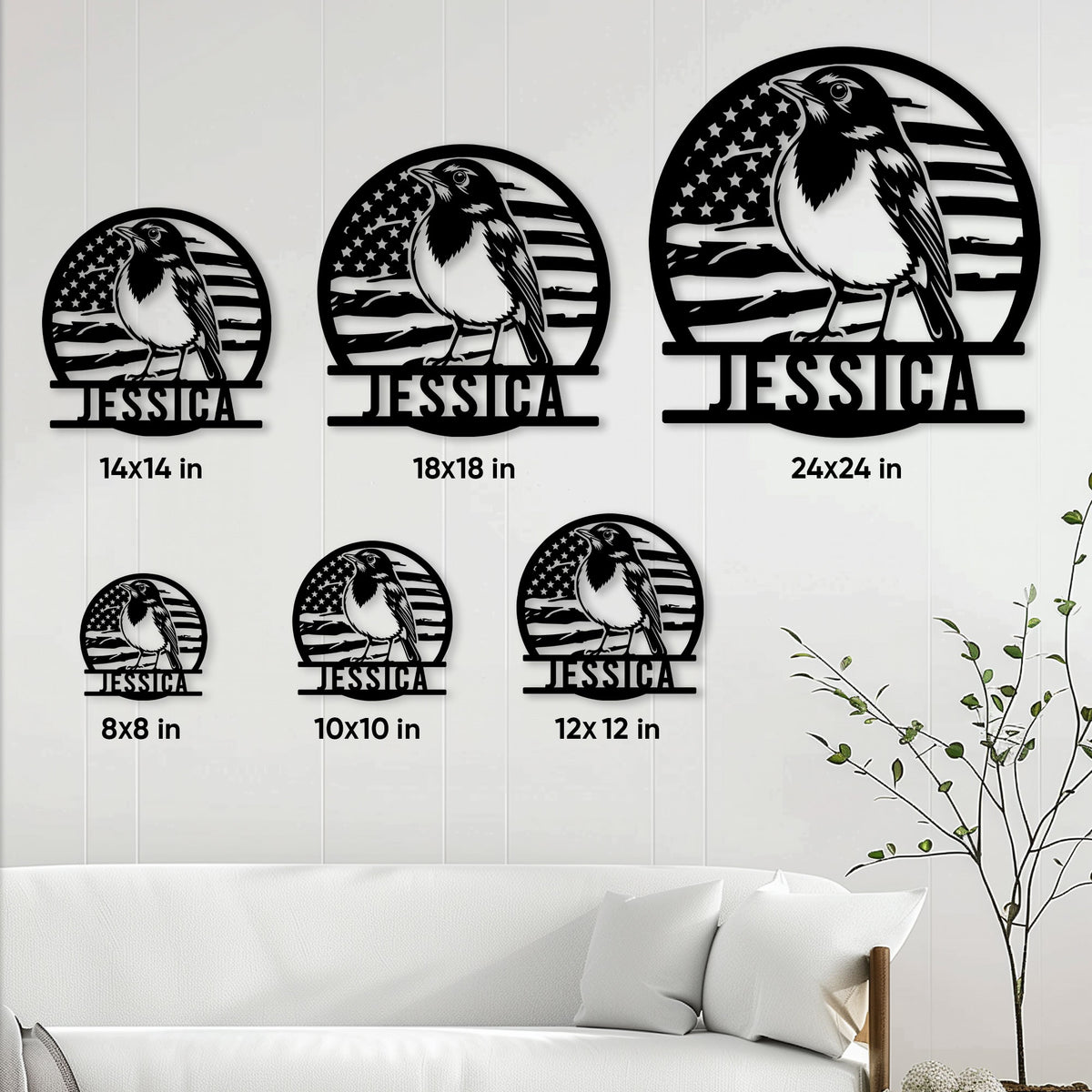 Robin metal sign shown in multiple sizes on a bright living room wall above a white sofa
