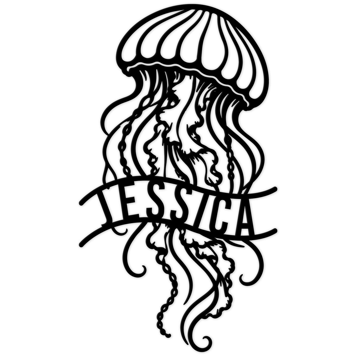 Black jellyfish metal sign featuring flowing tentacles and an intricate ocean-inspired silhouette