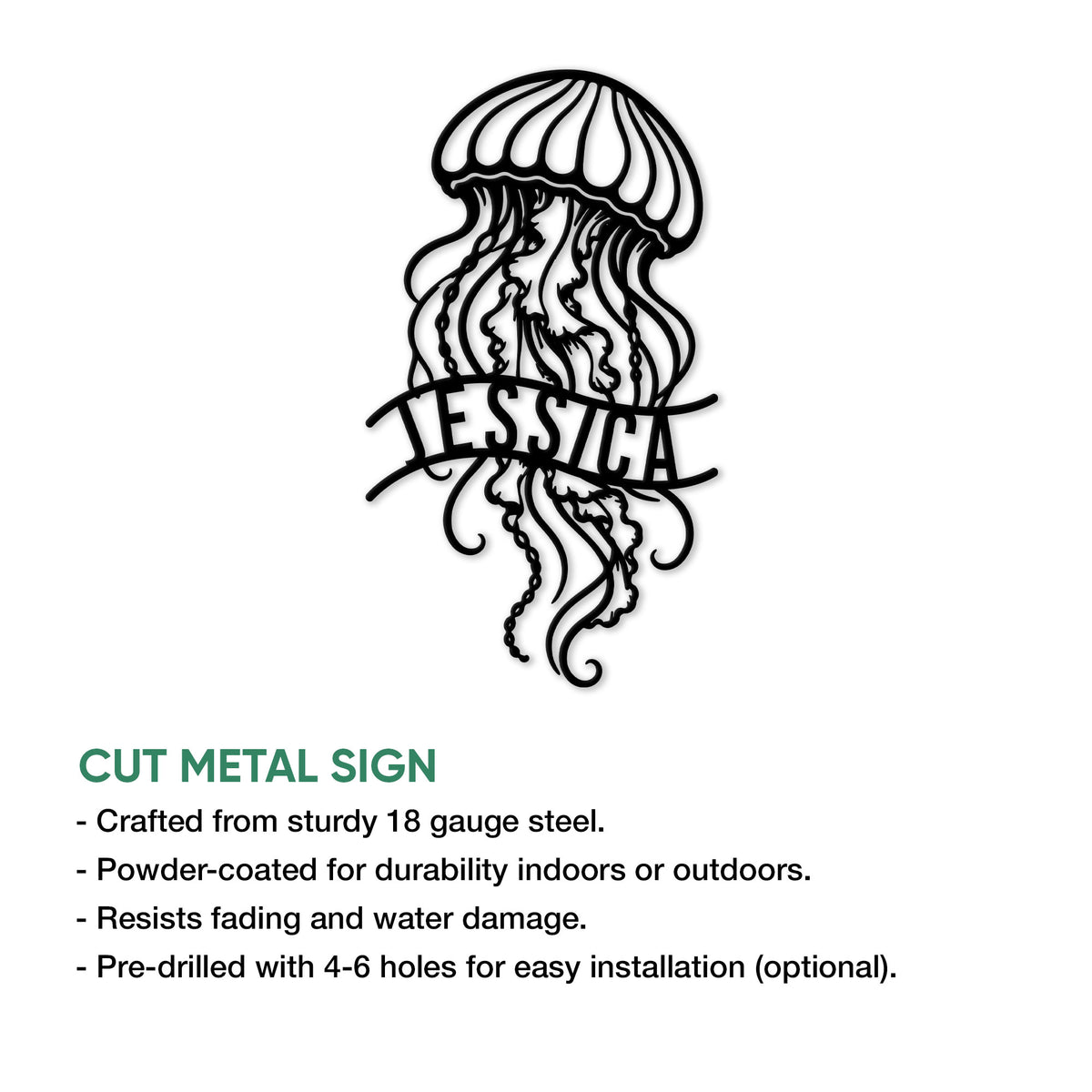 Jellyfish cut metal sign shown with product feature details for indoor or outdoor display