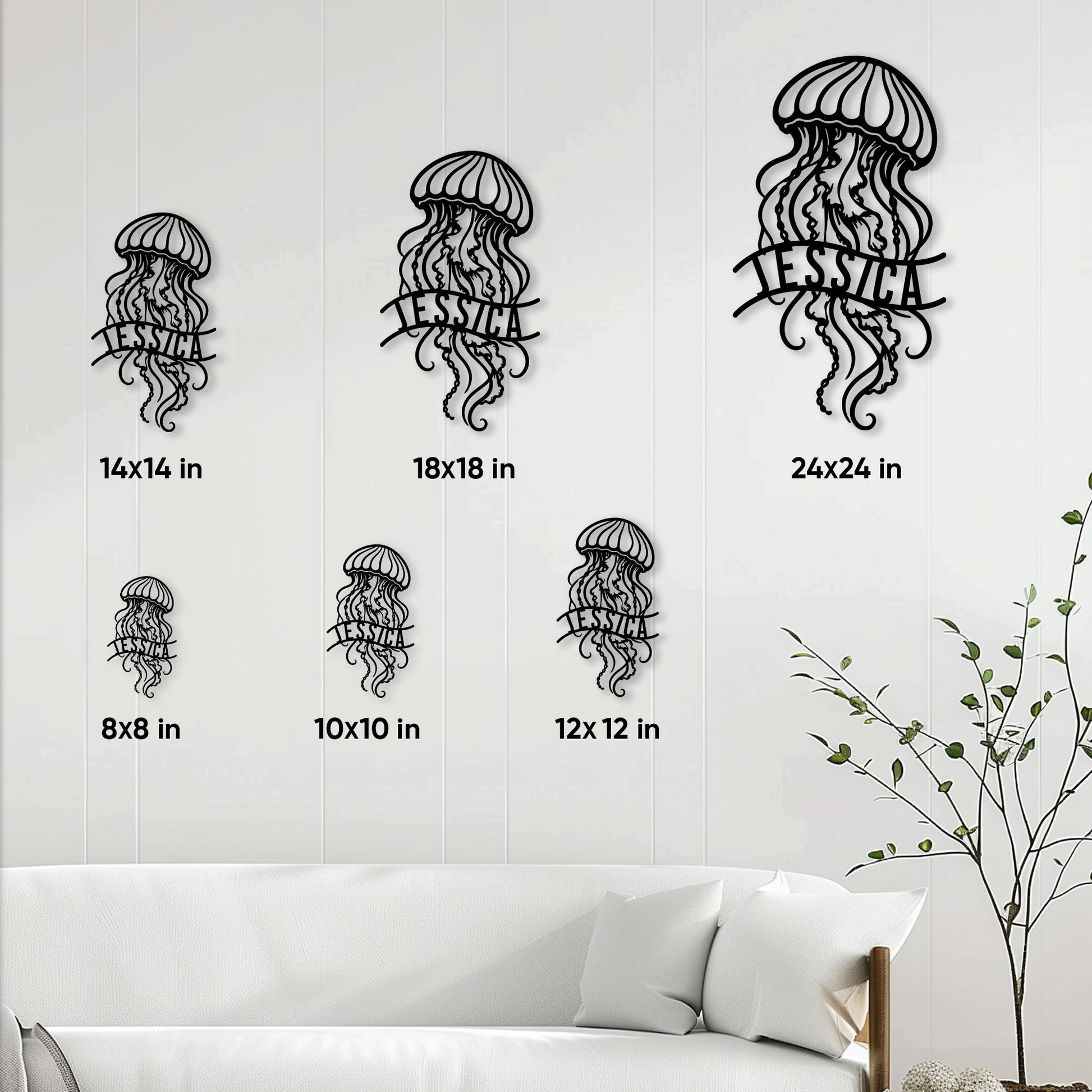 Jellyfish metal sign size guide showing available square dimensions from 8 by 8 to 24 by 24 inches