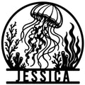 Jellyfish metal sign featuring a detailed underwater scene with coral, seaweed, and flowing tentacles