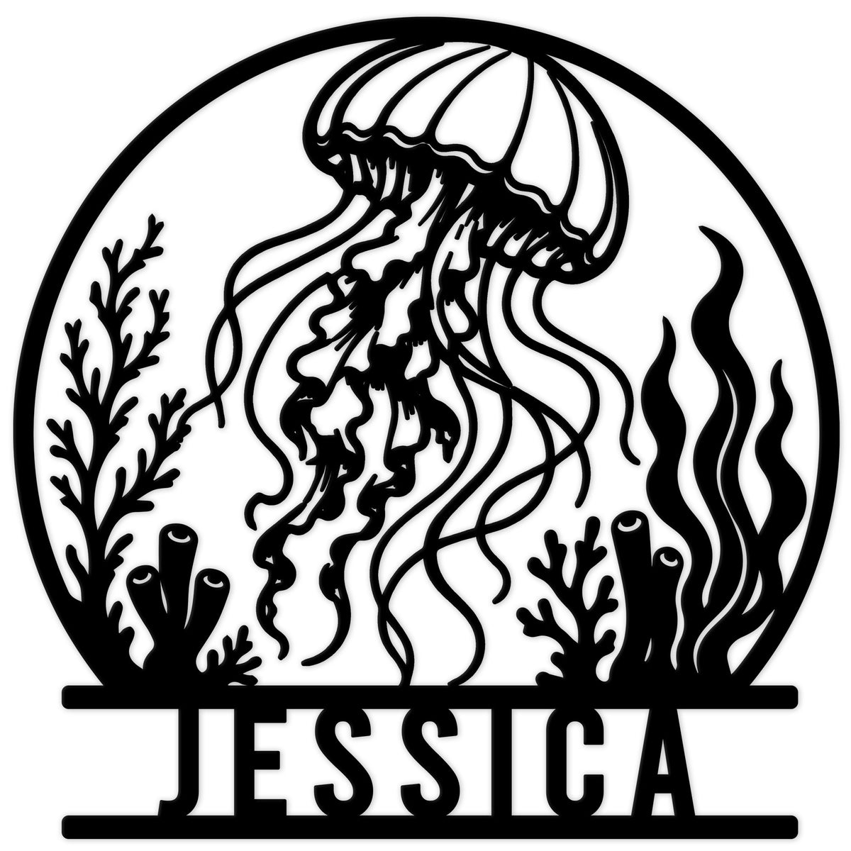 Jellyfish metal sign featuring a detailed underwater scene with coral, seaweed, and flowing tentacles