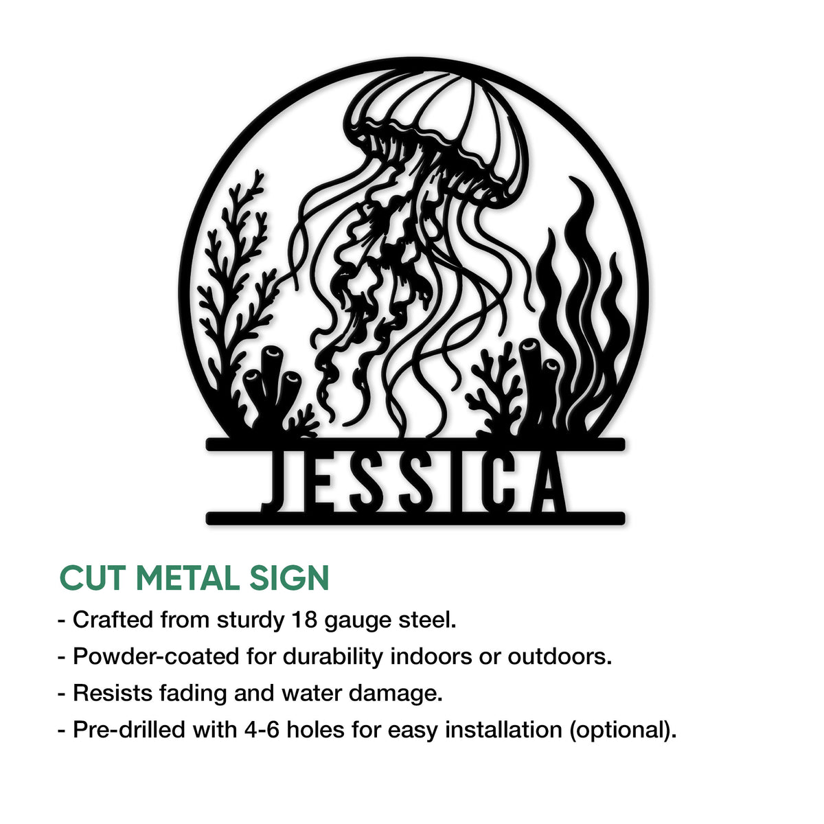 Jellyfish cut metal sign shown with product feature information for indoor or outdoor display