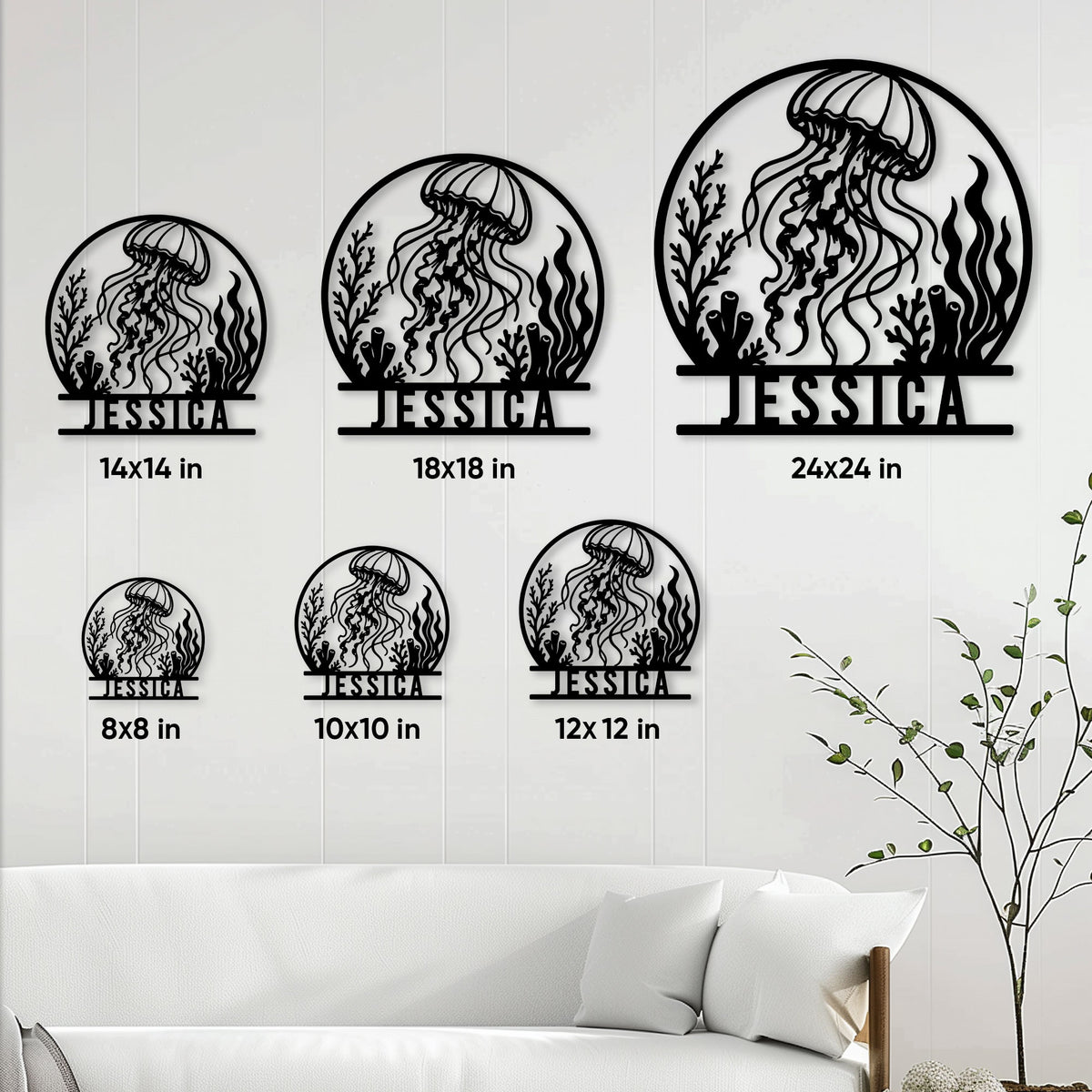Jellyfish metal sign size guide showing multiple square size options in a living room setting