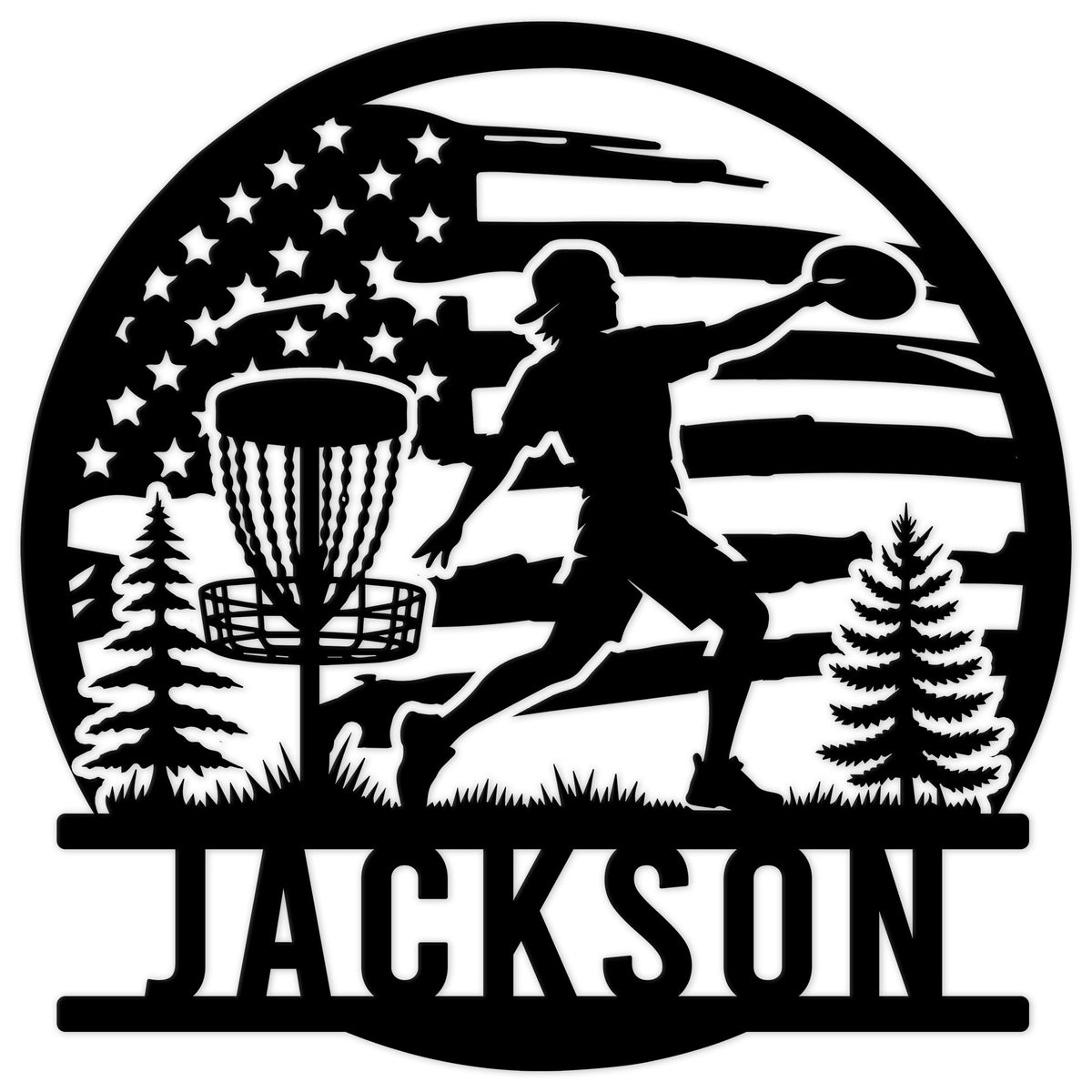 Custom disc golf metal sign with a throwing player, basket, pine trees, and patriotic flag silhouette