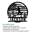 Disc golf metal sign product infographic showing the player, basket, flag, and available size options