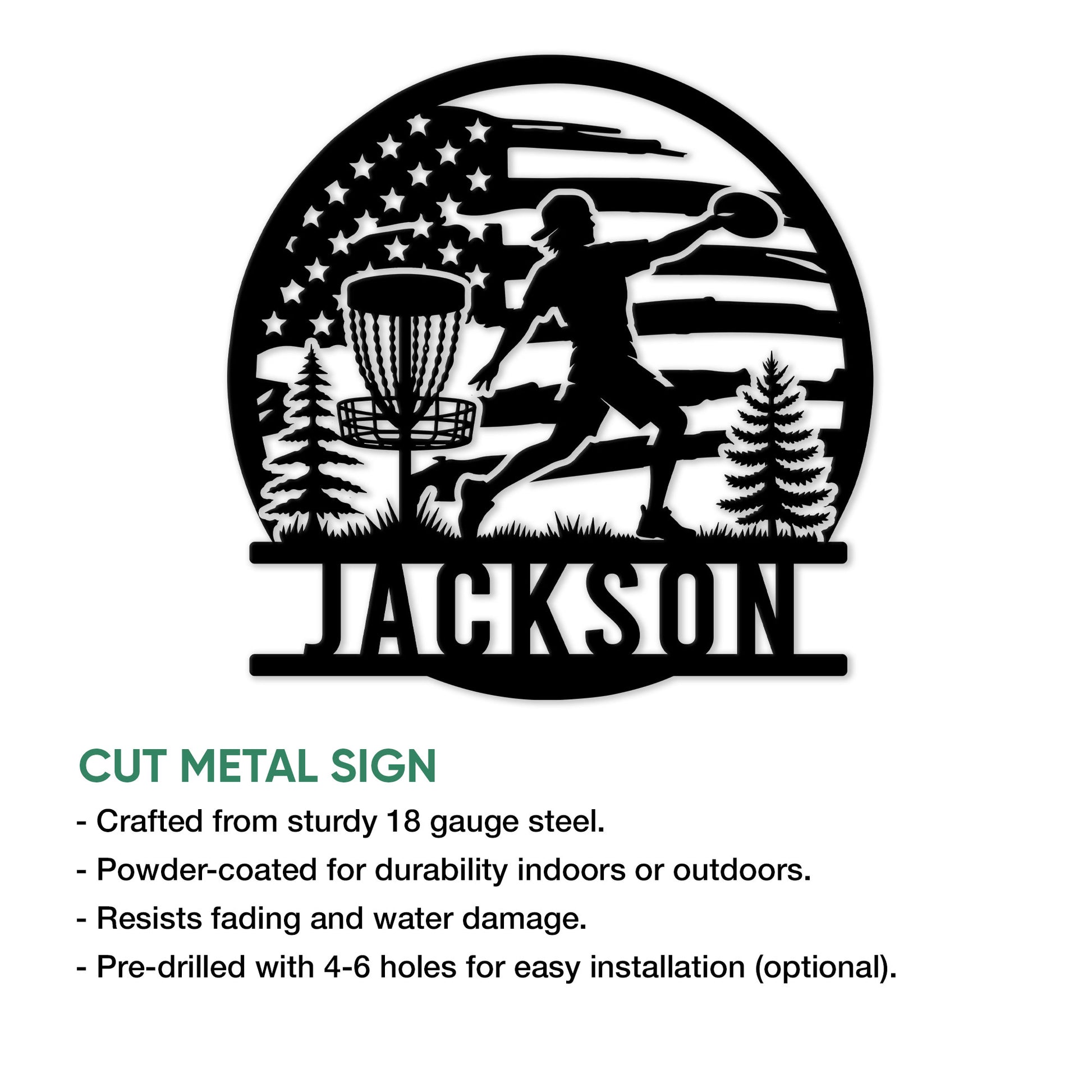 Disc golf metal sign product infographic showing the player, basket, flag, and available size options