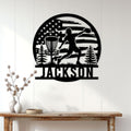 Disc golf wall decor displayed above a console table, featuring a silhouetted player and basket scene