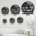 Disc golf metal sign size guide showing the scenic player and basket design in six display sizes
