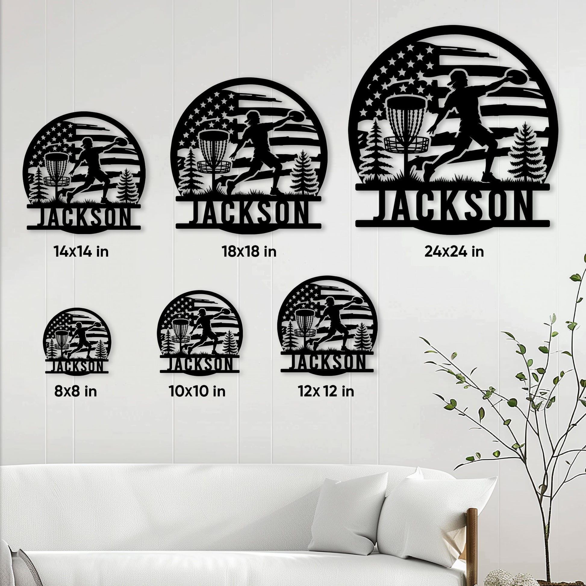 Disc golf metal sign size guide showing the scenic player and basket design in six display sizes