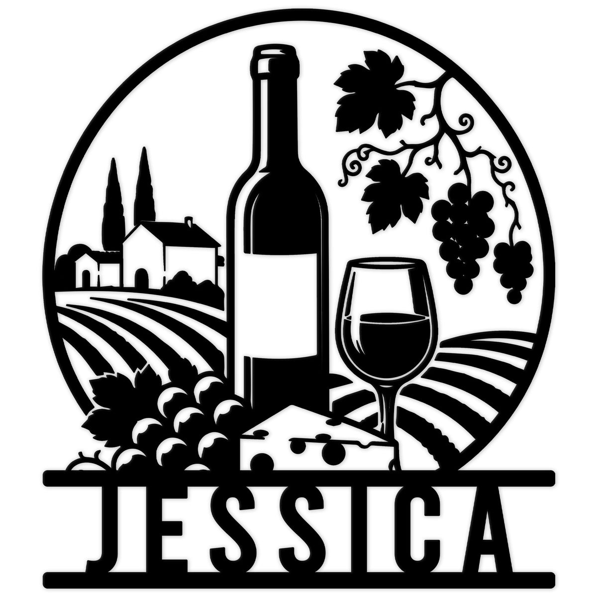 Wine vineyard metal sign featuring a bottle, wine glass, grapevines, and rolling vineyard fields