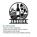 Wine vineyard metal sign feature graphic showing the circular bottle, glass, grapes, and vineyard artwork