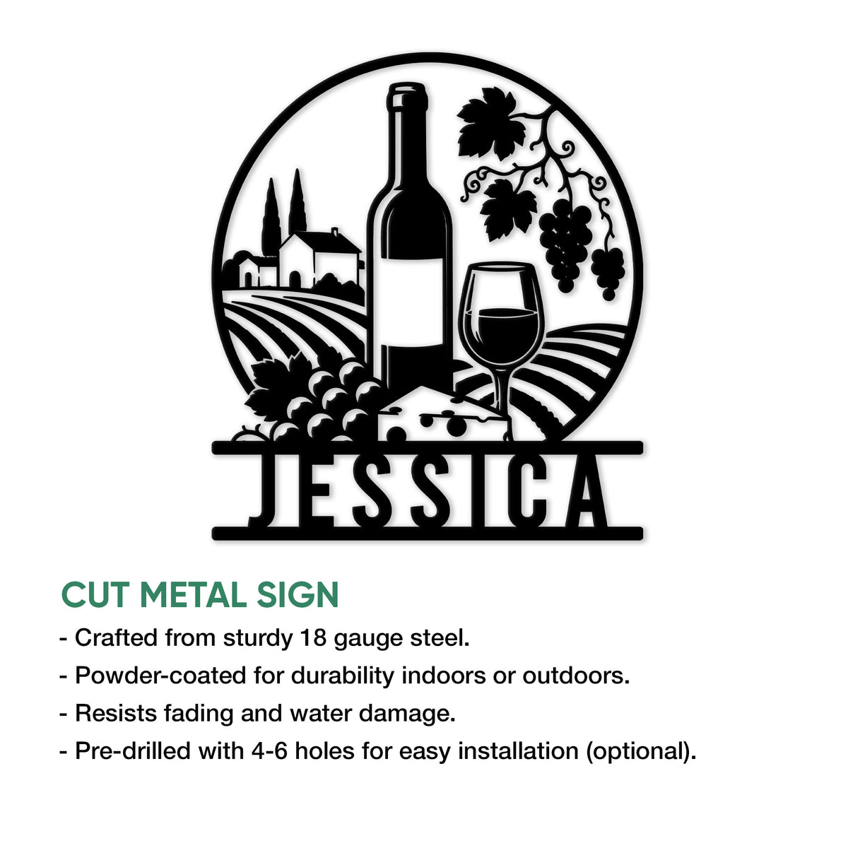 Wine vineyard metal sign feature graphic showing the circular bottle, glass, grapes, and vineyard artwork