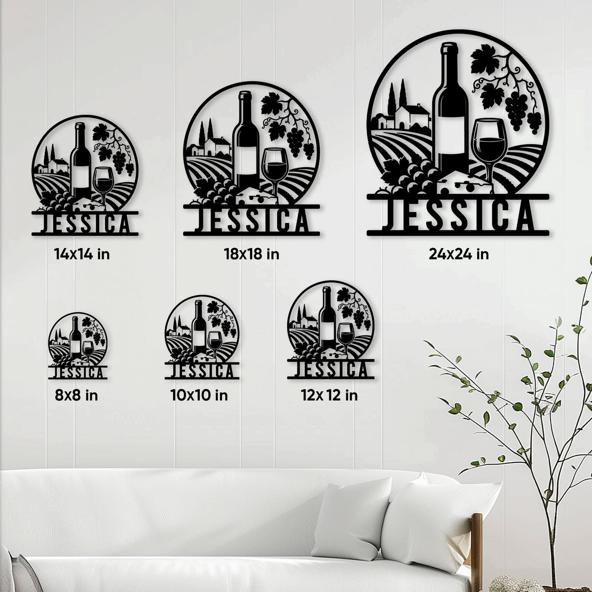 Wine vineyard metal sign size guide showing six available square sizes from 8 by 8 to 24 by 24 inches