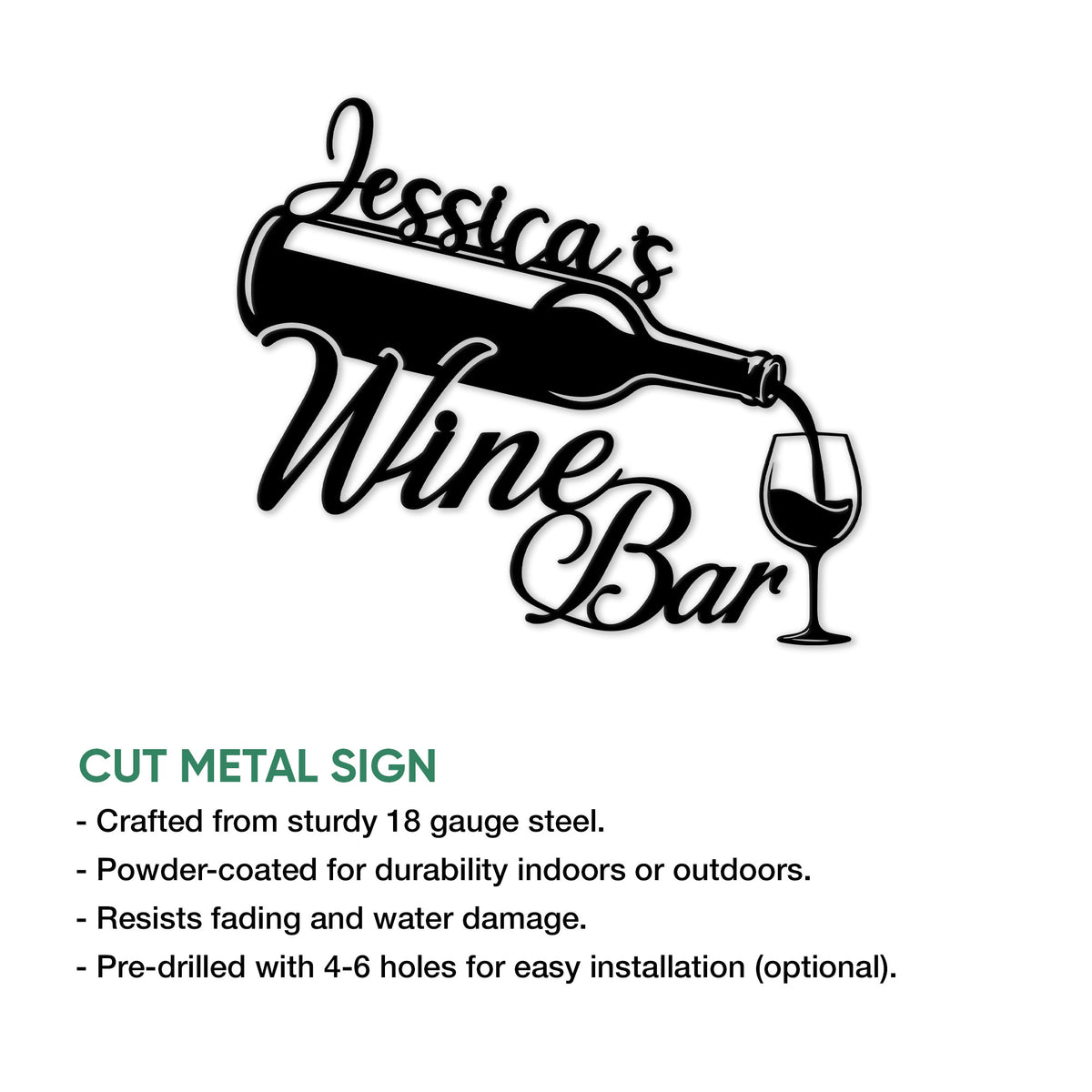 Wine bar metal sign artwork with a bottle pouring into a wine glass and decorative script lettering