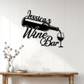 Wine bar wall sign displayed on a bright paneled wall above a rustic console table