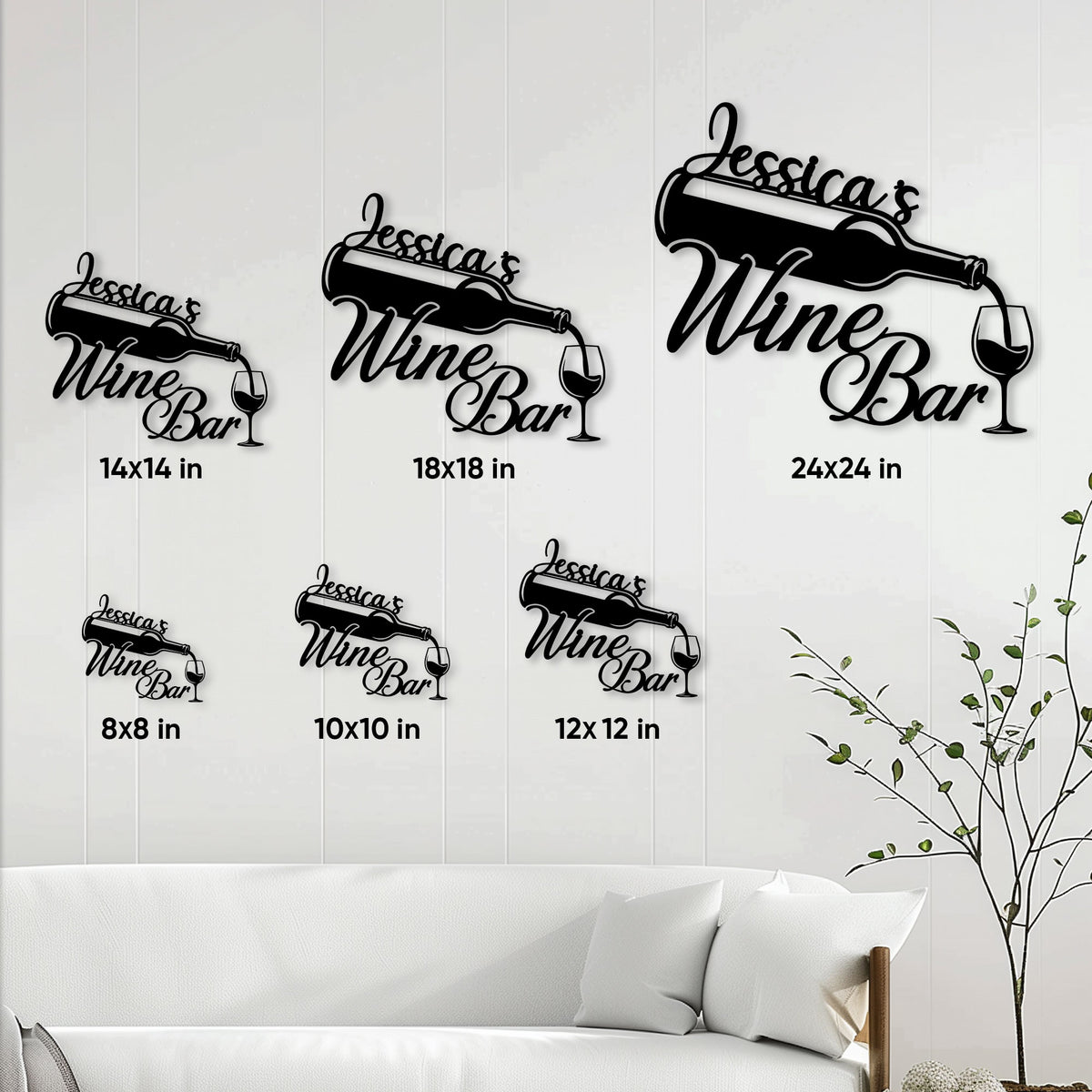 Wine bar metal sign shown in multiple size options on a living room wall