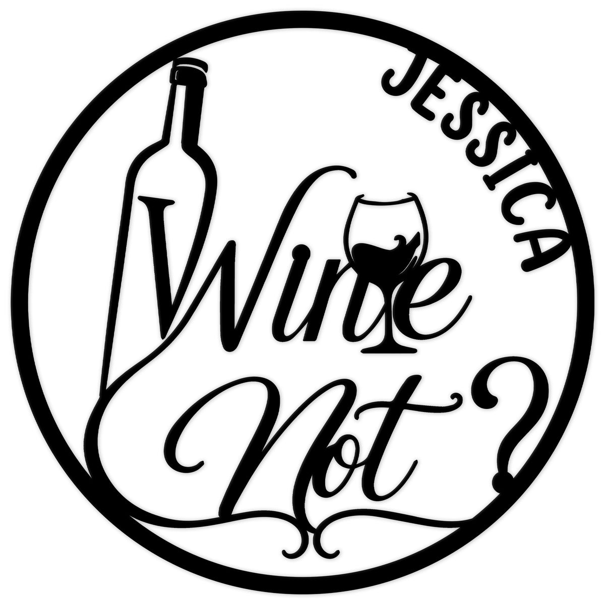 Round wine metal sign featuring a bottle, filled wine glass, and elegant script lettering