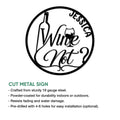 Wine metal sign shown with a product feature guide highlighting cut steel construction and display options