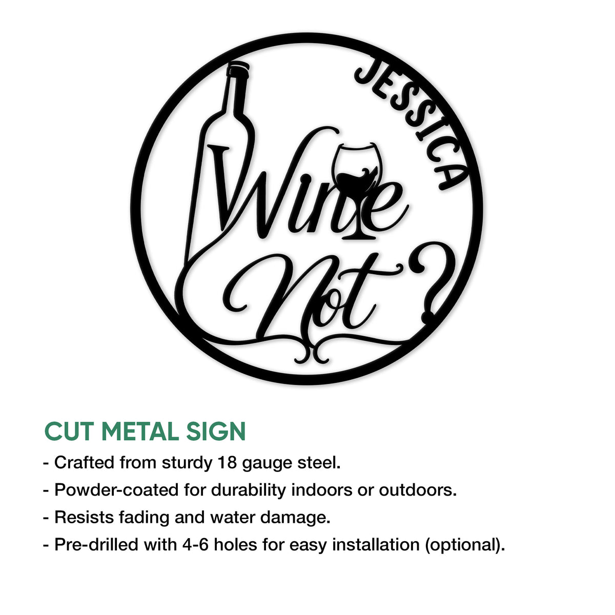 Wine metal sign shown with a product feature guide highlighting cut steel construction and display options