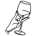 Wine glass metal sign featuring a hand holding a stemmed glass in clean black line art