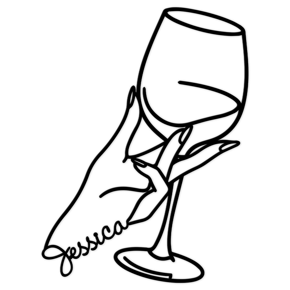 Wine glass metal sign featuring a hand holding a stemmed glass in clean black line art