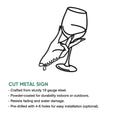 Wine glass metal sign feature graphic showing the hand-held glass design and product highlights