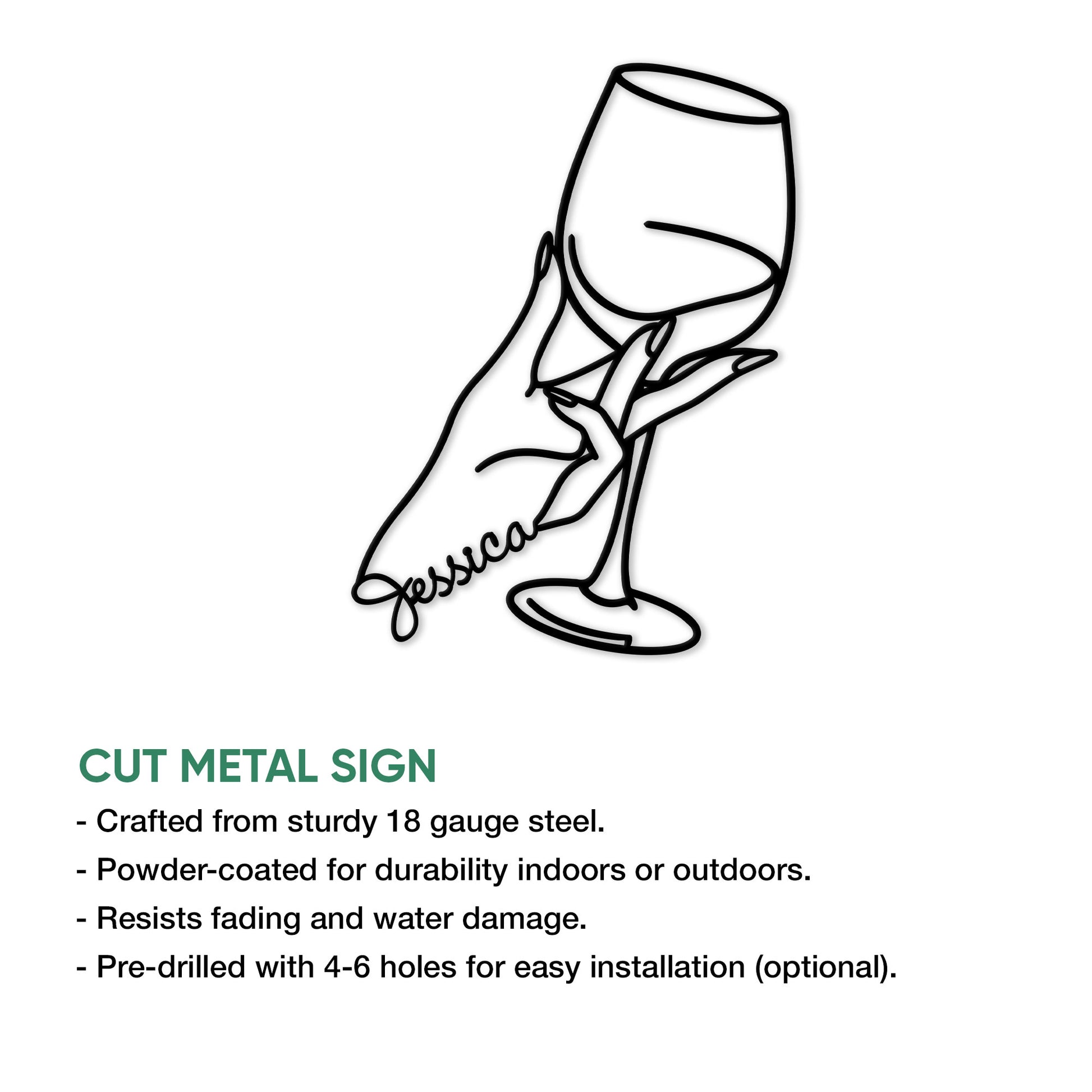 Wine glass metal sign feature graphic showing the hand-held glass design and product highlights