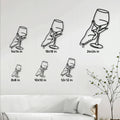 Wine glass metal sign size guide showing six available square dimensions in a living room setting