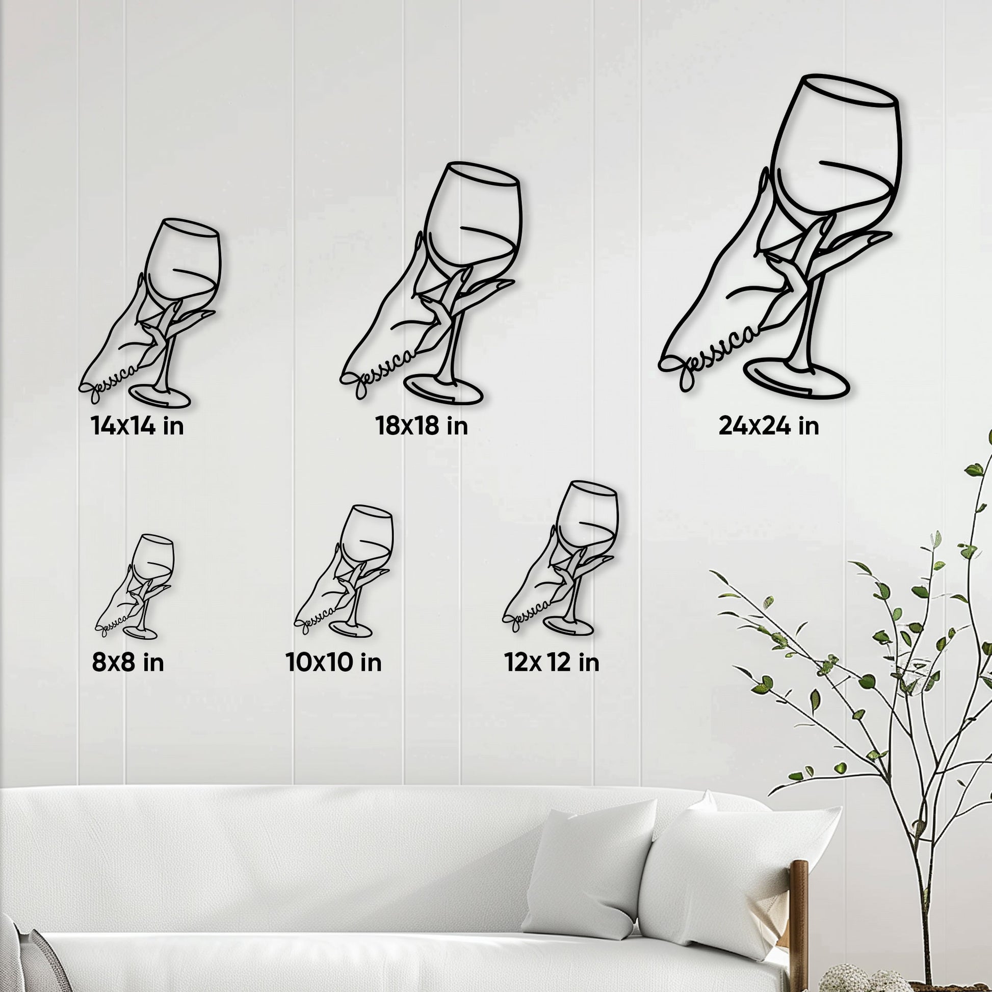 Wine glass metal sign size guide showing six available square dimensions in a living room setting