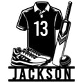 Custom cricket metal sign featuring a jersey, cricket bat, shoes, and ball in a bold silhouette design