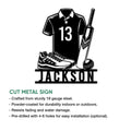 Cricket player metal sign product graphic showing a jersey, bat, shoes, and ball with cut metal sign details