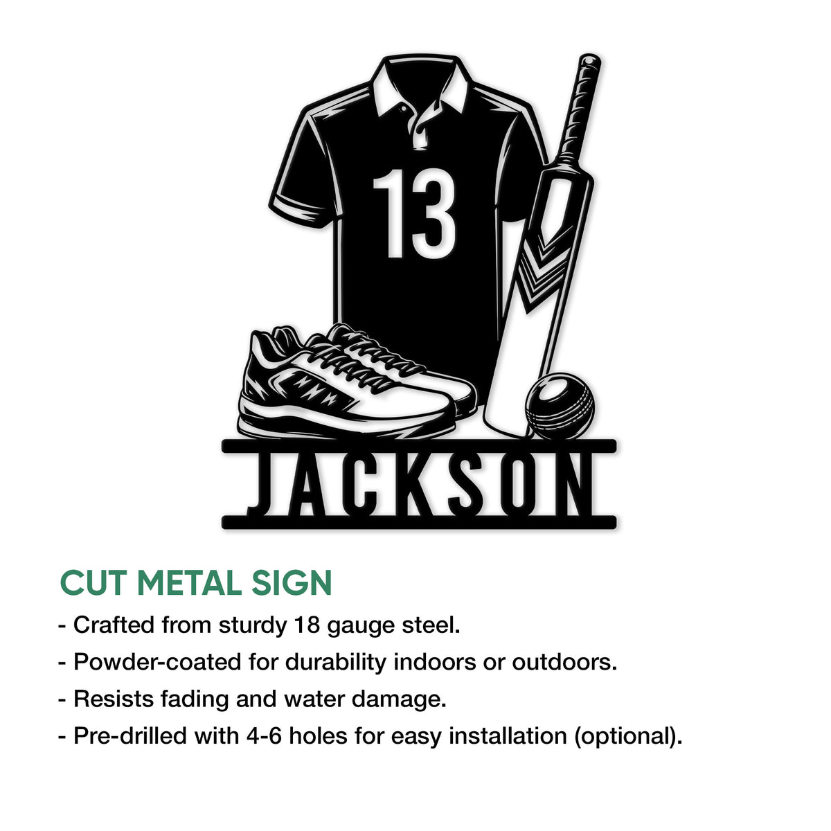 Cricket player metal sign product graphic showing a jersey, bat, shoes, and ball with cut metal sign details
