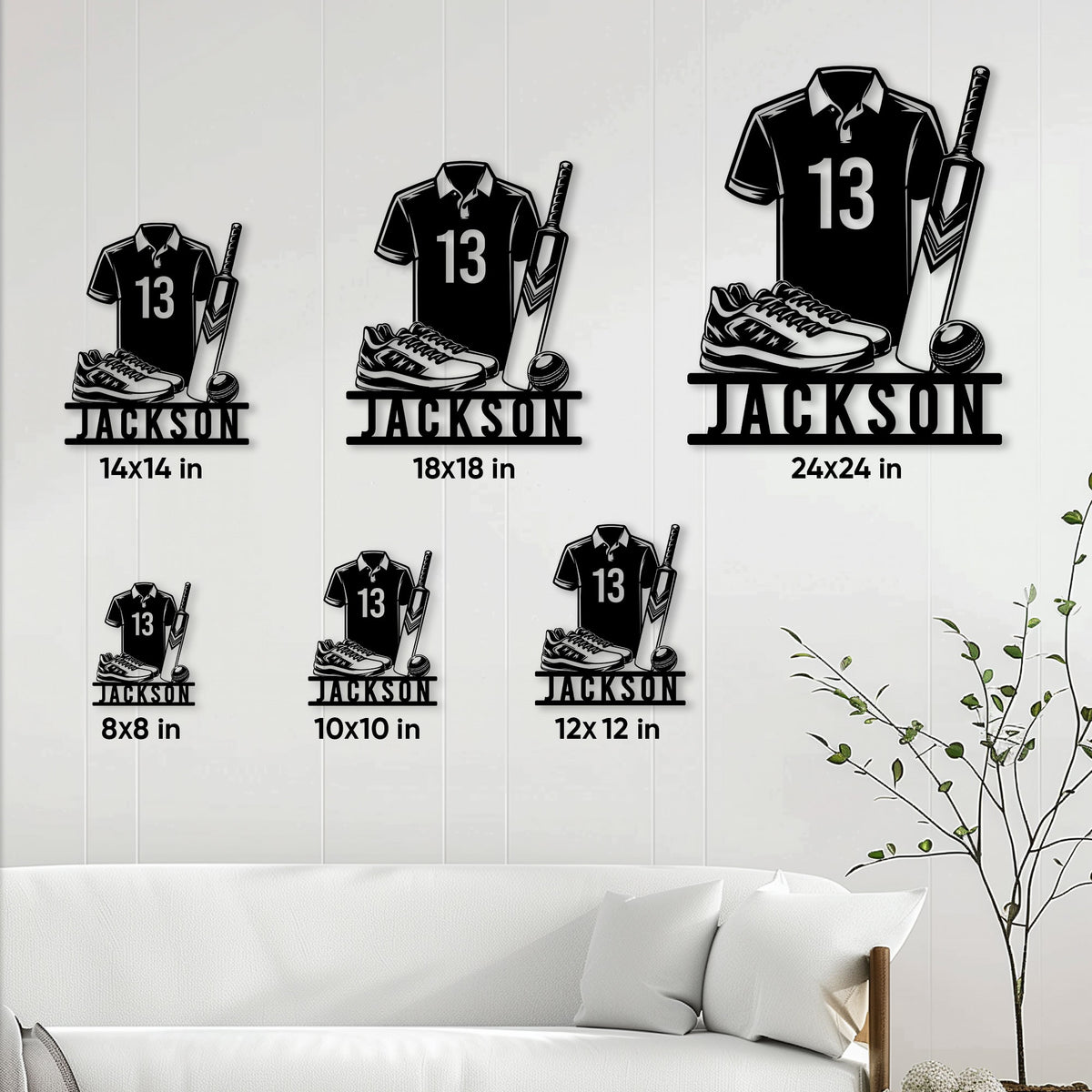 Cricket metal sign size guide showing six available square dimensions from 8 by 8 to 24 by 24 inches