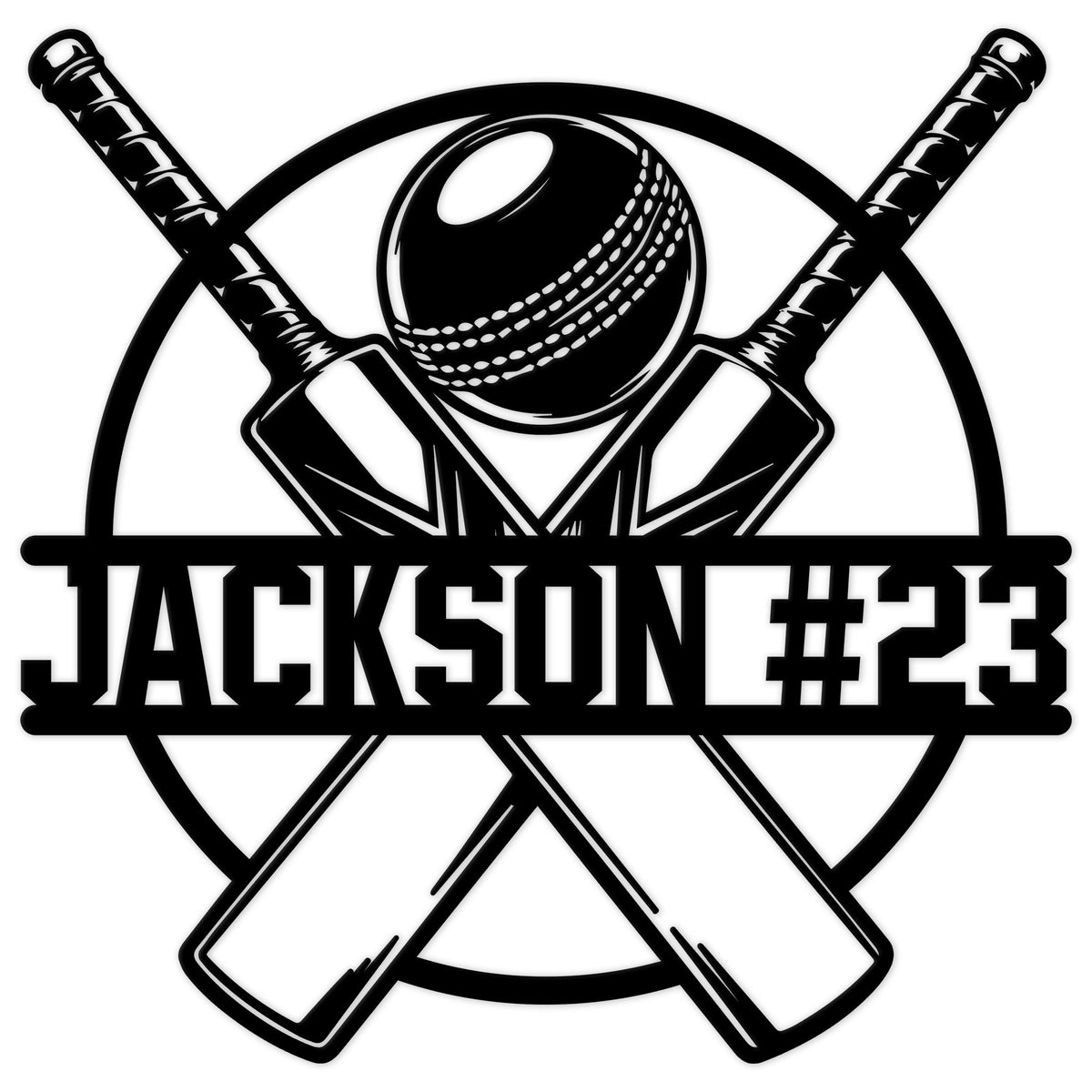 Custom cricket metal sign featuring a cricket ball, crossed bats, and bold sports-inspired wall art