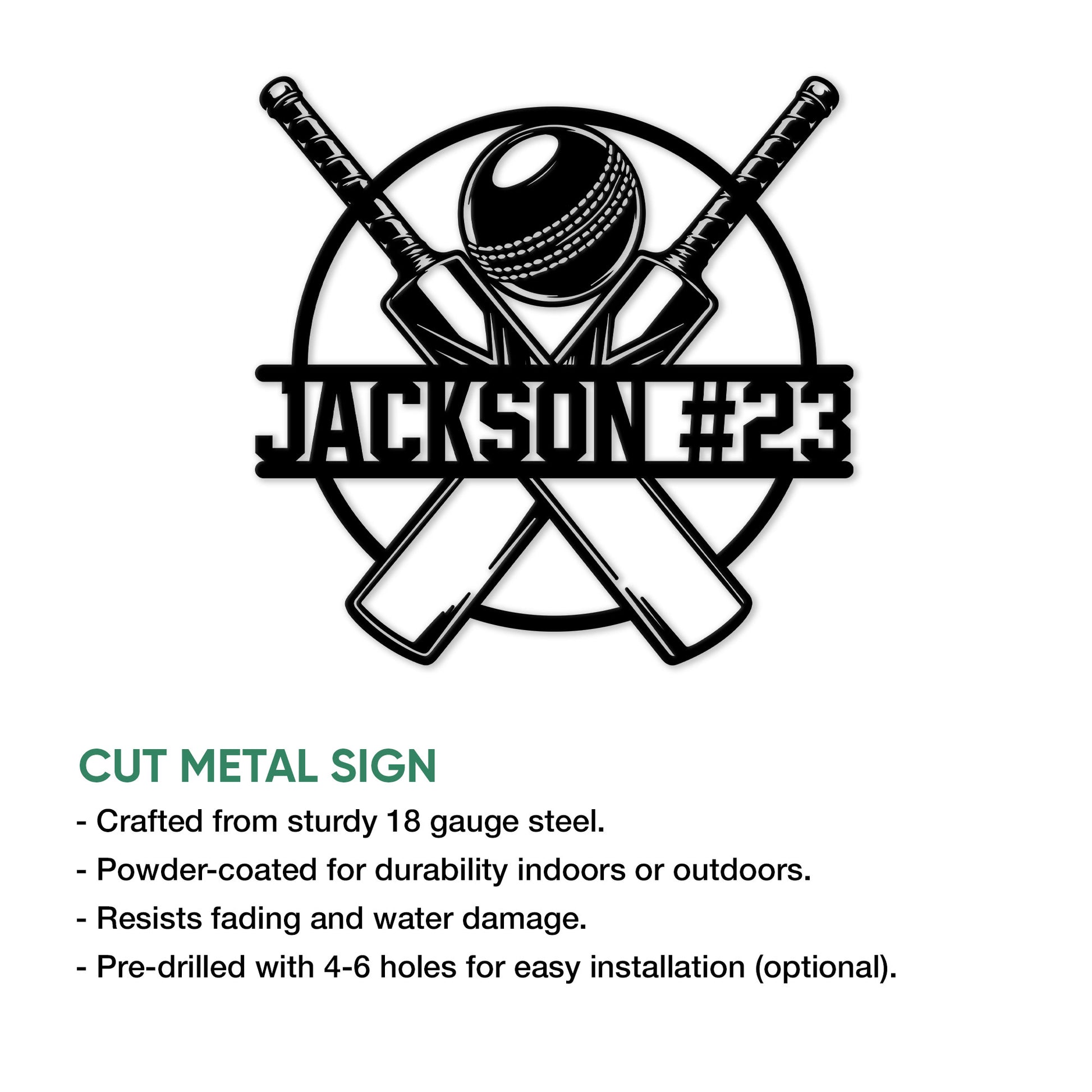 Cricket metal sign with crossed bats and ball design shown as a cut metal wall decoration