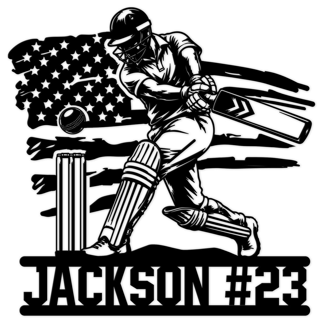 Cricket batter metal sign featuring a powerful batsman, cricket ball, wickets, bat, and patriotic flag design