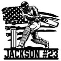 Cricket batter metal sign featuring a powerful batsman, cricket ball, wickets, bat, and patriotic flag design