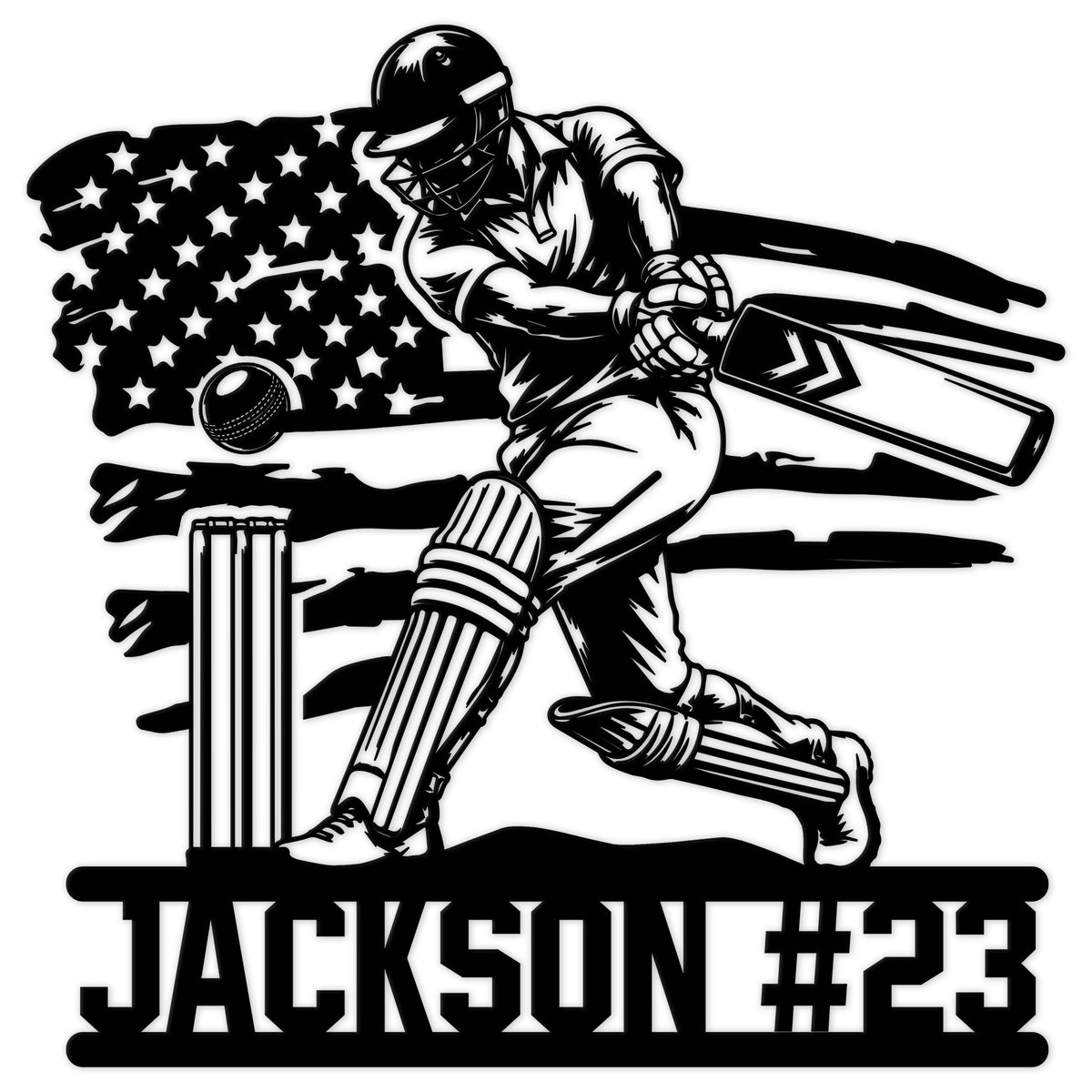 Cricket batter metal sign featuring a powerful batsman, cricket ball, wickets, bat, and patriotic flag design