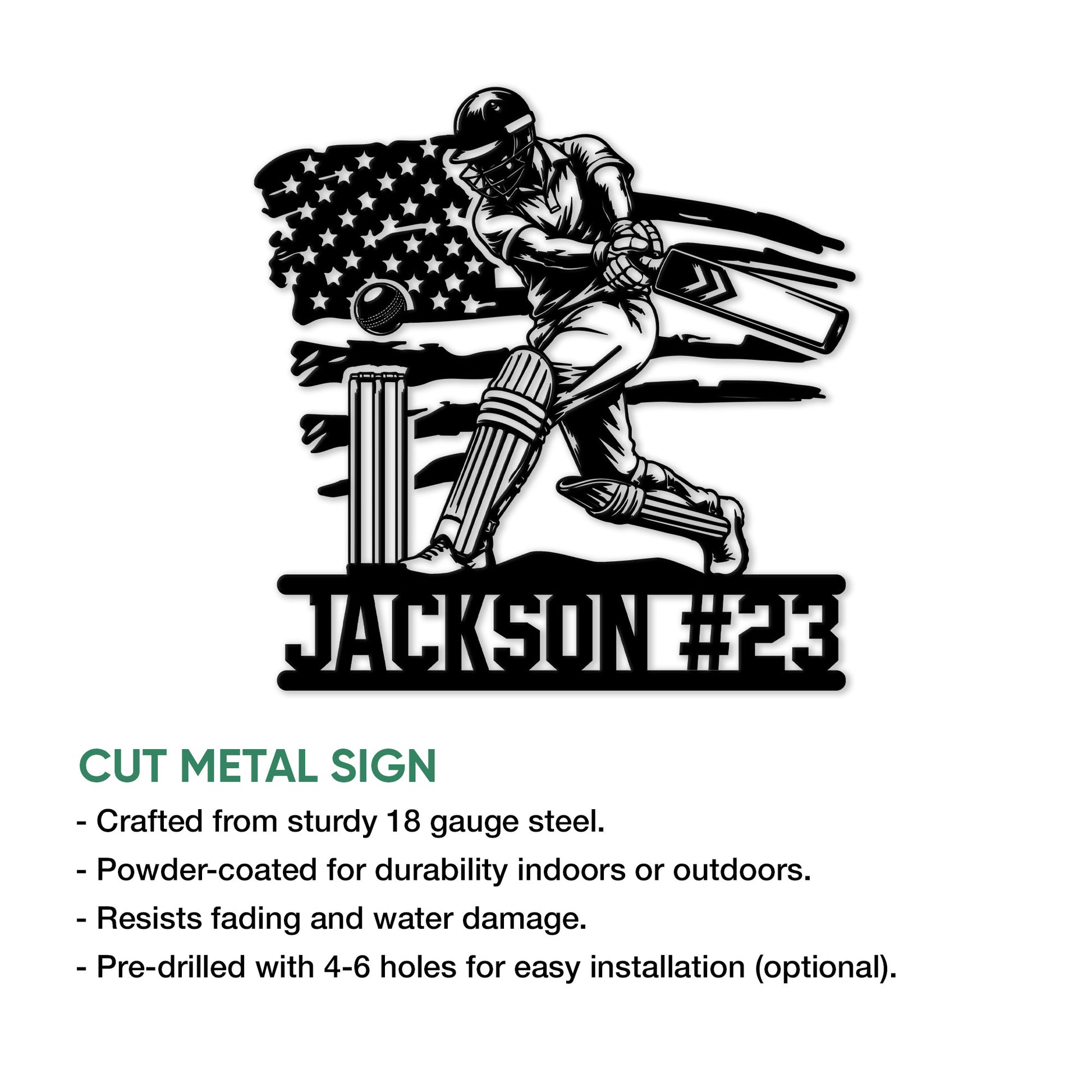 Cricket batter metal sign feature graphic highlighting cut-metal construction, finish, and mounting options
