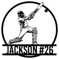 Custom cricket metal sign featuring a batsman in protective gear swinging a cricket bat