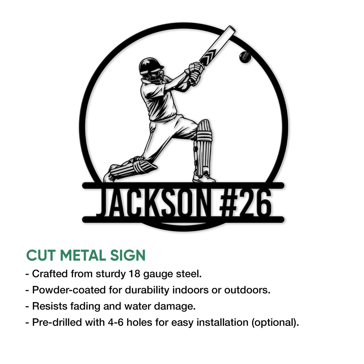 Cricket metal sign feature graphic showing a batsman design and cut metal sign details