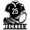 Custom rugby metal sign featuring a rugby jersey, ball, cleats, and bold athlete-inspired wall design