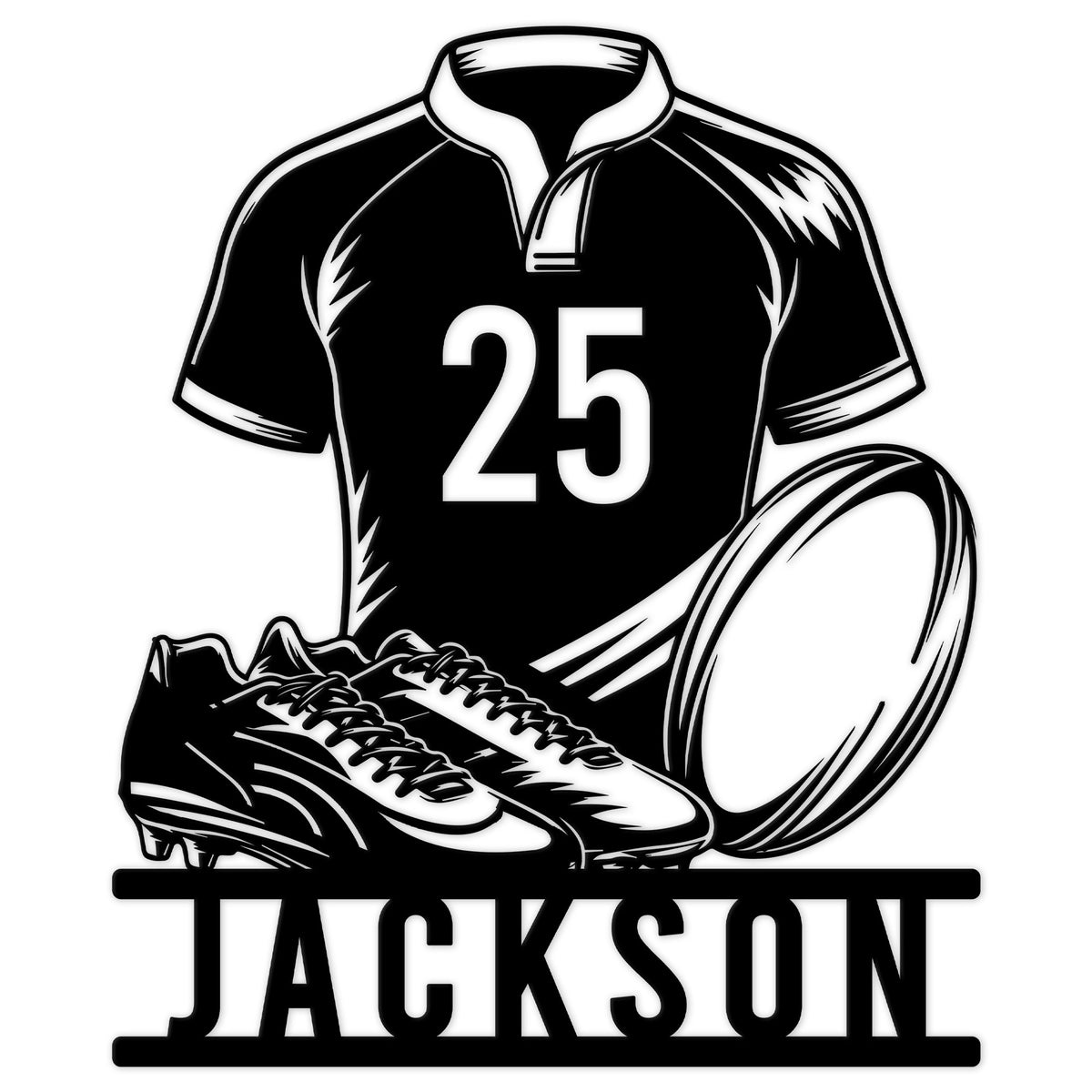 Custom rugby metal sign featuring a rugby jersey, ball, cleats, and bold athlete-inspired wall design