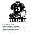 Rugby metal sign feature graphic showing the jersey, rugby ball, cleats, and product construction details