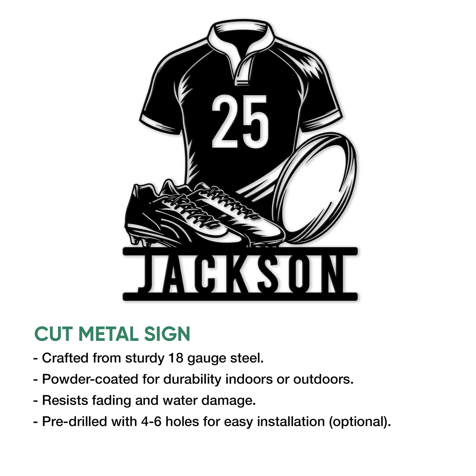 Rugby metal sign feature graphic showing the jersey, rugby ball, cleats, and product construction details