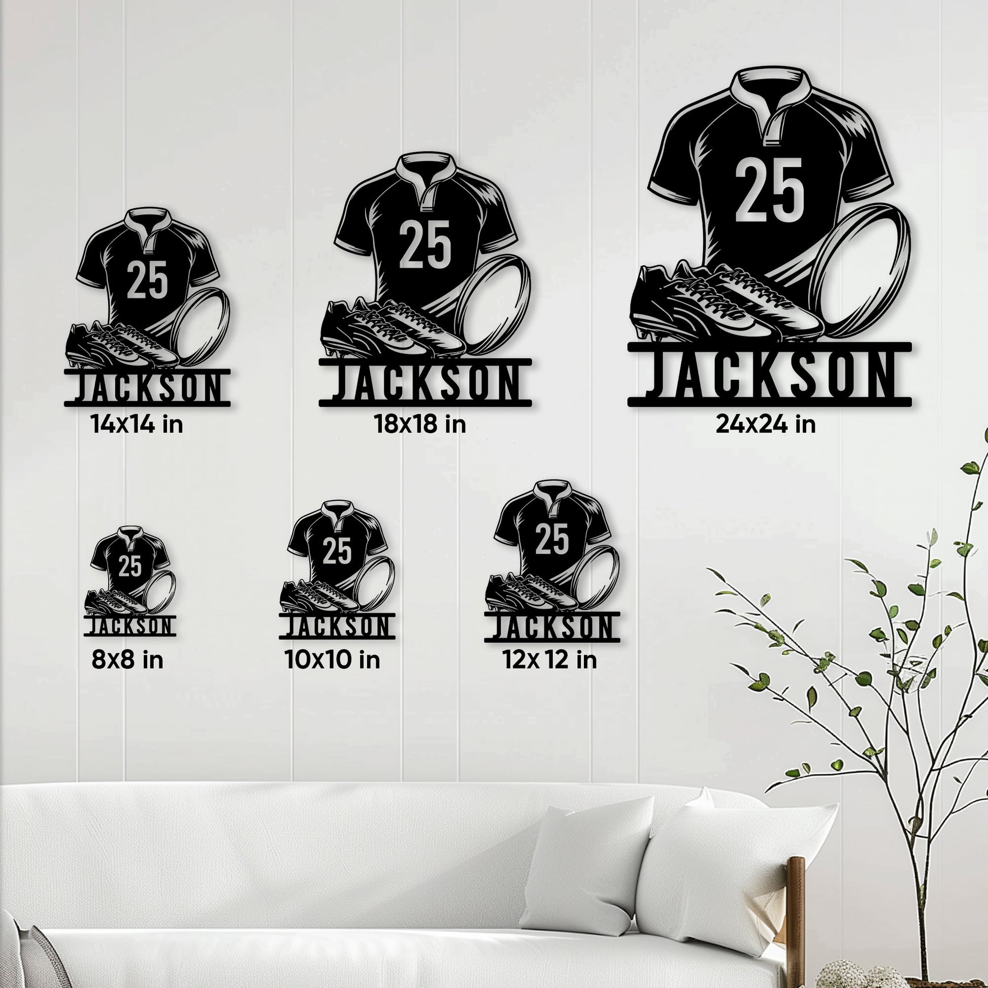 Rugby metal sign size guide showing six available square dimensions in a living room setting