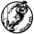 Rugby player carrying the ball and kicking toward goalposts in a bold circular metal sign design
